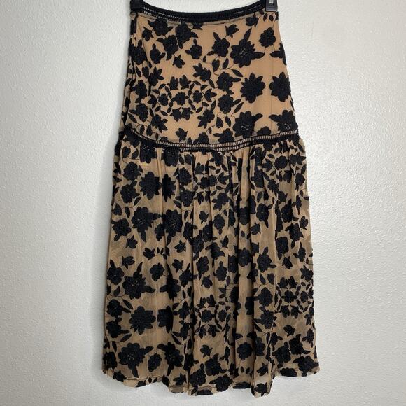 FOR LOVE & LEMONS Temecula mesh floral embroidered midi skirt Black/ Tan XS - Picture 7 of 7